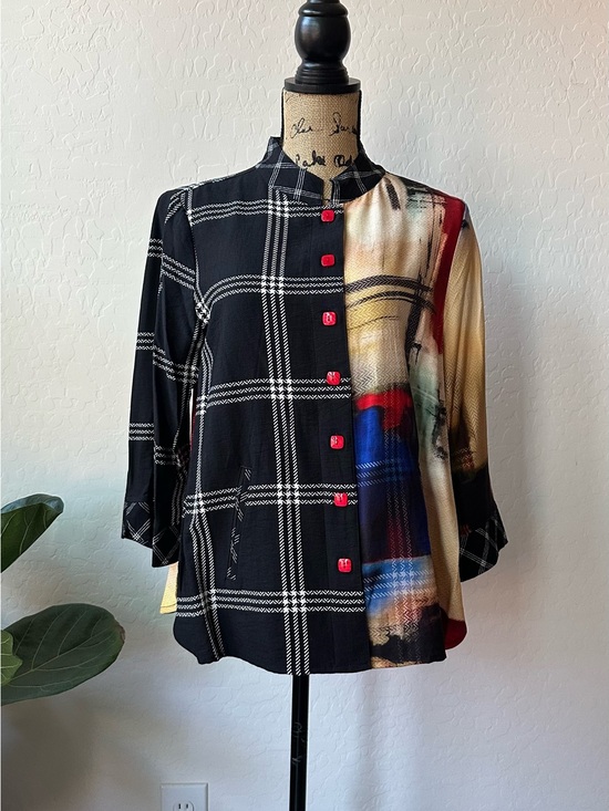 Ali Miles Tops - NWT Ali Miles Woven Abstract Multi Checked Stand Collar 3/4 Sleeve Tunic Size PM